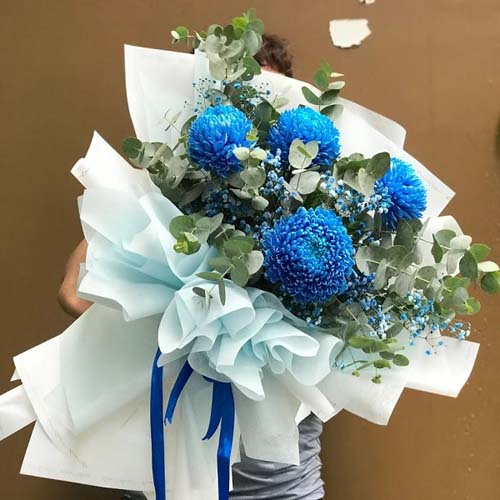 Impressive bouquet of blue chrysanthemum peonies